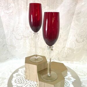 Pair Ruby Red Wine Champagne Toast Tall Slim Glasses Clear Stem Vintage Holiday
